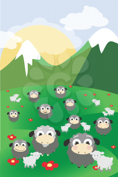 Royalty Free Clipart Image of Sheep in a Meadow