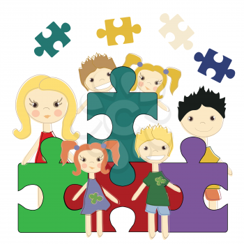 Royalty Free Clipart Image of Kids Holding Puzzle Pieces