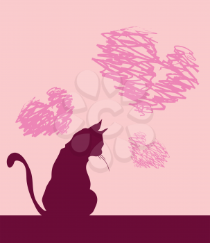 Royalty Free Clipart Image of a Cat and Hearts