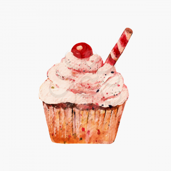 Illustration of watercolor cupcake isolated on white background