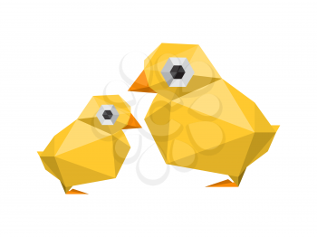 Illustration of funny, modern origami chickens isoalted on white background
