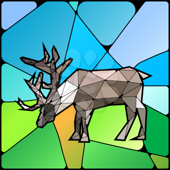 Illustration of colourful stained glass with deer on landscape