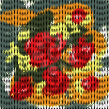 Illustration of knitted pattern with roses on dark background