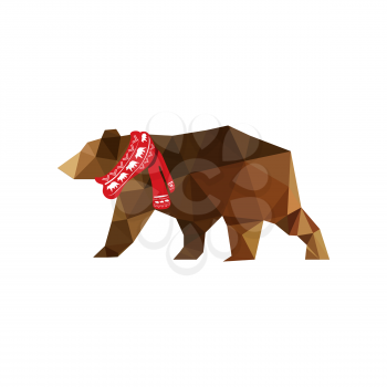 Christmas illustration with orgami bear wearing red scarf isolated on white background