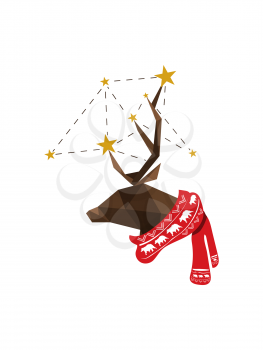 Christmas illustration with origami deer and geometric design isolated on white background