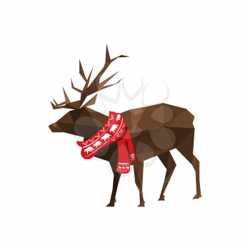 Illustration of origami deer with Christmas scarf isolated on white background