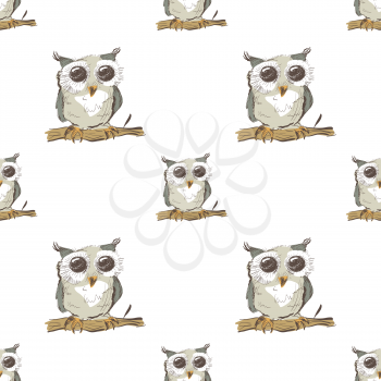 Seamless pattern with doodle owl on white background