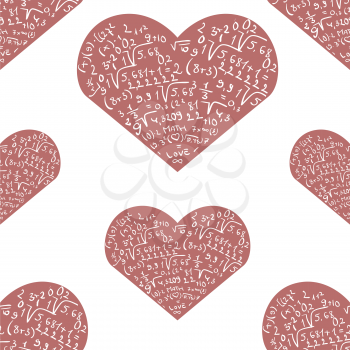 Seamless pattern with mathematics formula on pink heart shapes