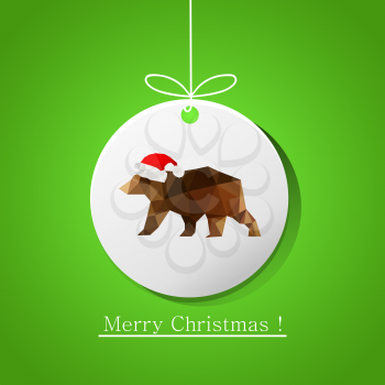 Illustration of modern flat card with origami bear on Christmas ball