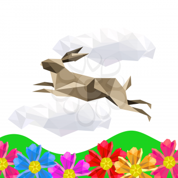 Illustration with jumping origami rabbit on flower landscape