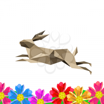 Illustration with origami rabbit and flowers on white background