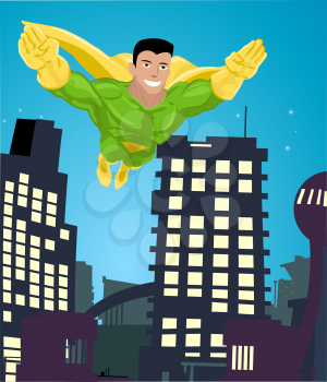 Royalty Free Clipart Image of a Superhero Flying