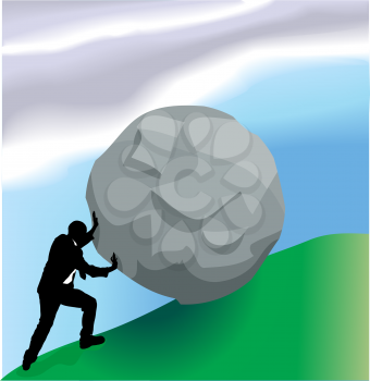 Royalty Free Clipart Image of a Businessman Pushing a Boulder