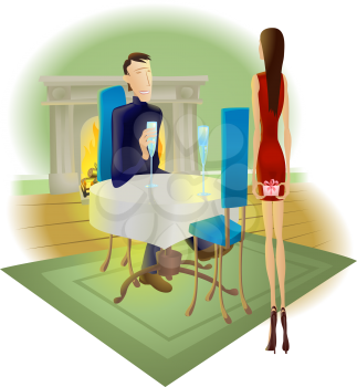 Royalty Free Clipart Image of a Woman Giving Her Boyfriend a Present