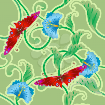 Royalty Free Clipart Image of a Butterfly and Floral Background