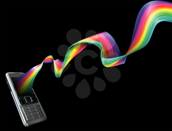 Royalty Free Clipart Image of a Rainbow Coming Out of a Cellphone