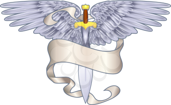 Royalty Free Clipart Image of a Winged Sword Banner