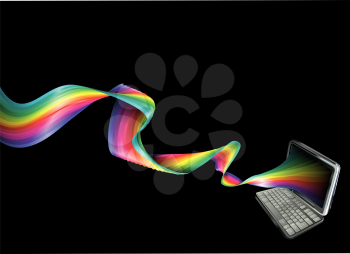 Royalty Free Clipart Image of a Rainbow Coming Out of a Laptop