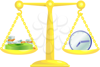 Royalty Free Clipart Image of a Scale With Money and a Clock