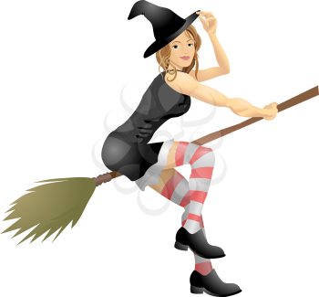 Royalty Free Clipart Image of a Witch Riding a Broom