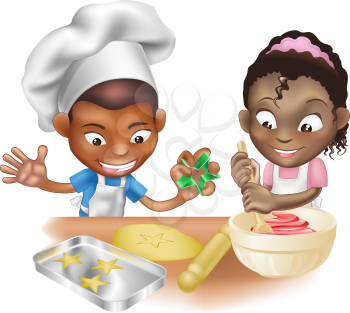 Royalty Free Clipart Image of Two Children Baking Cookies