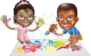 Royalty Free Clipart Image of Children Playing With Paint 