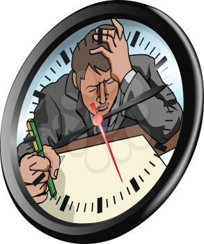 Royalty Free Clipart Image of a Man Looking Stressed on a Clock