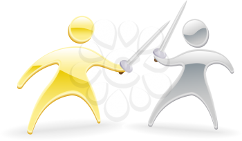 Royalty Free Clipart Image of Mascots Fighting With Swords