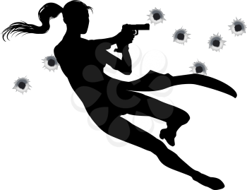 Royalty Free Clipart Image of a Woman Holding Two Guns
