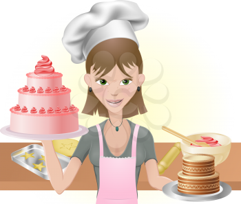 Royalty Free Clipart Image of a Woman Baking Cakes