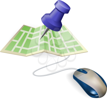 Royalty Free Clipart Image of a Pushpin on a Map With a Mouse