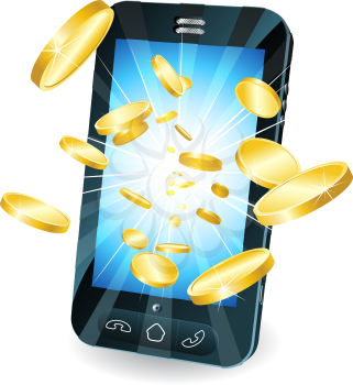 Royalty Free Clipart Image of Gold Coins Bursting from a Smartphone Screen