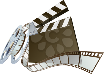 Royalty Free Clipart Image of a Clapperboard and Film Spooling Out of a Film Reel 