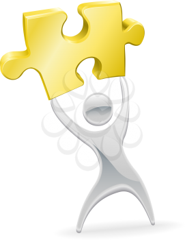 Royalty Free Clipart Image of a Mascot Holding a Puzzle Piece