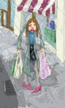 Royalty Free Clipart Image of a Woman Shopping in the Rain
