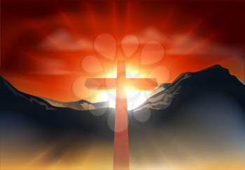 Christian cross with sun rising behind it over a mountain range. Could be used as resurrection Easter concept