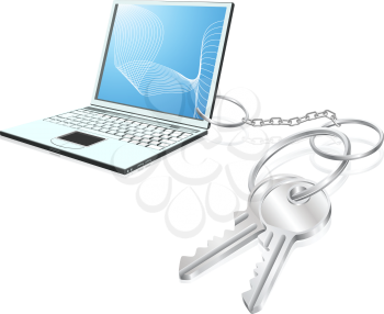 Illustration of  laptop computer attached to keys as a keyring. Access to computers, learning, internet security etc. concept