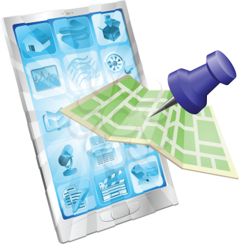 A road or city map flying out of a mobile phone. Concept or icon for map app or internet website with maps or other GPS related.