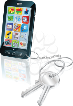 Illustration of mobile phone with keys attached. Concept for secure phone access or phone unlocking.
