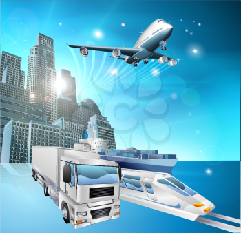 Illustration of transport vehicles and city with blue background. Logistics or delivery concept
