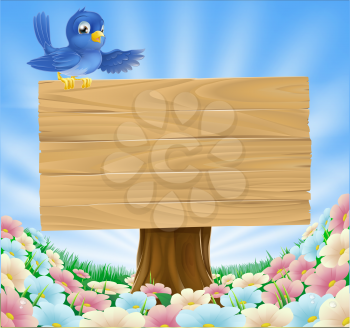 Illustration of a bluebird sitting on top of a woodland wood sign gesturing with its wing in a field of wild flowers
