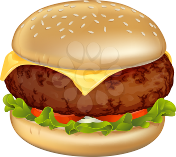 Illustration of a tasty looking classic beef cheeseburger with lettuce, tomato and onion