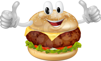 Illustration of a cute happy beef or cheese burger mascot man smiling and giving a thumbs up