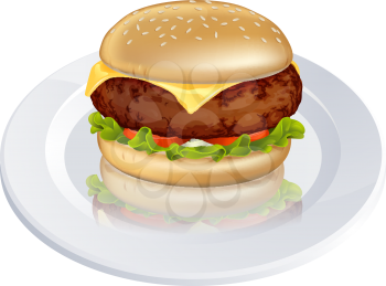 Illustration of a tasty looking beefburger or cheeseburger type burger on a plate