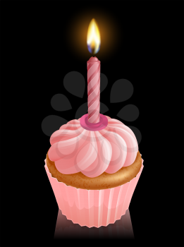 Illustration of pink fairy cake cupcake with lit birthday candle