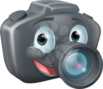 Illustration of a cute happy DSLR camera mascot character with a big smile