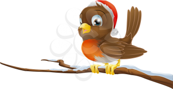 A Christmas Robin bird sitting on snowy branch illustration 