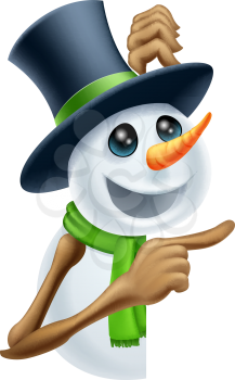 A snowman in a top hat and green scarf pointing at a Christmas message