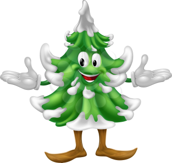 An illustration of a Christmas tree mascot character 