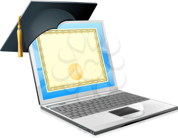 Education laptop concept. Illustration of a laptop computer with a mortar board cap and diploma certificate on screen. Concept for distance learning, or IT computer courses, or other similar education